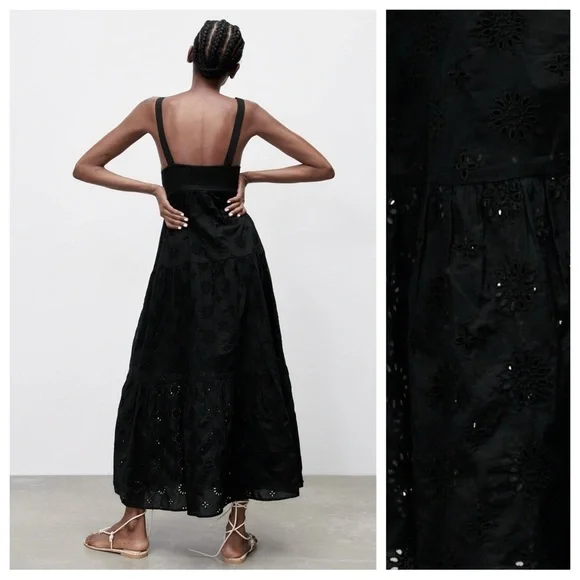 NWT. Zara Black Openwork Crossover V-neck Midi Tank Dress. Size S. - Picture 5 of 13